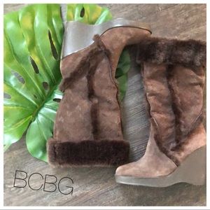 BCBG brown fur trimmed boots, platform heel